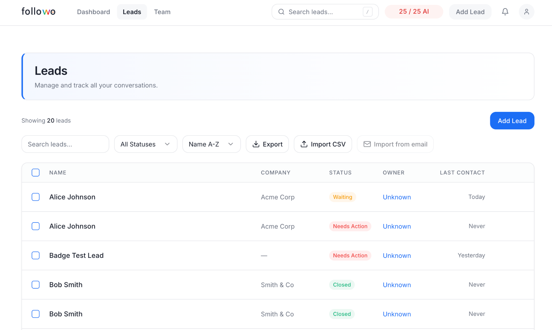 Followo leads dashboard showing imported contacts